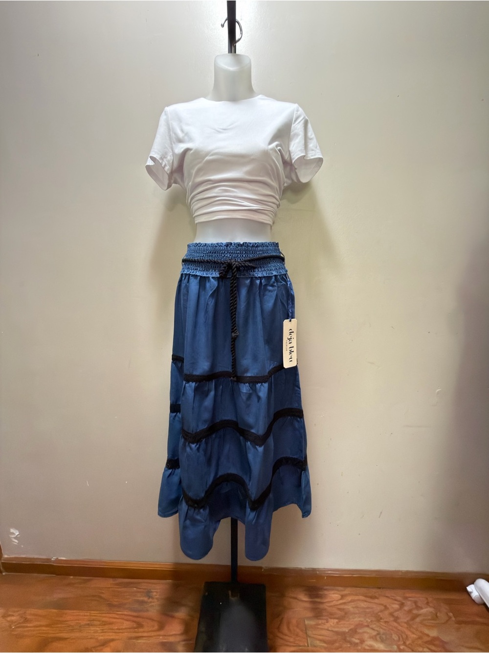 Smocked Waist Blue Tiered Maxi Skirt with Trim